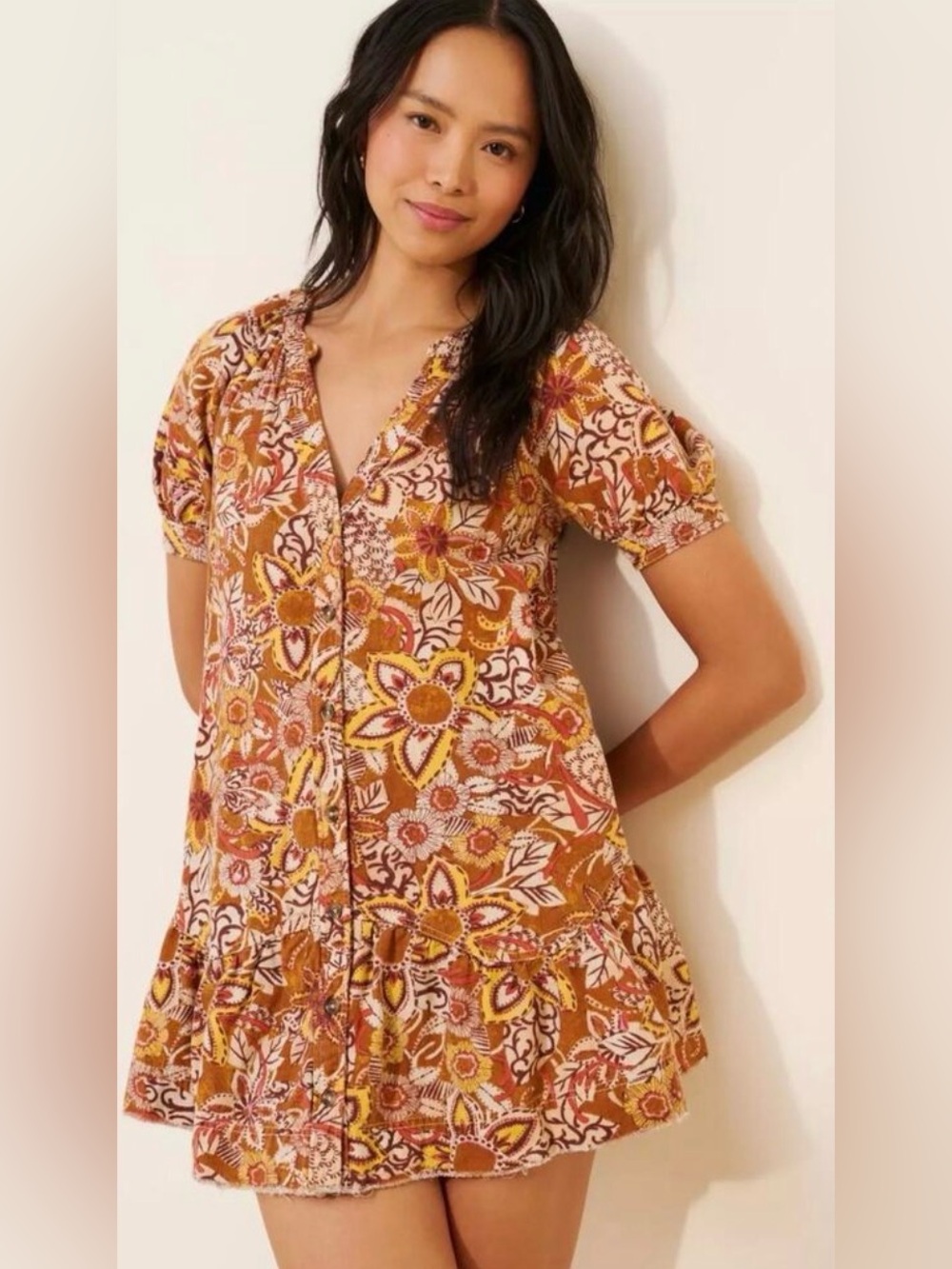 Pilcro Floral Button-Front Romper in Brown, Mustard & Cream